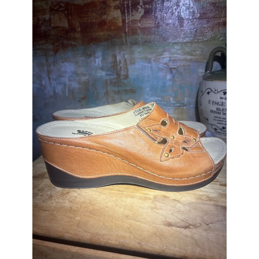 Spring Step Star-MBR Tan Leather Floral Cutout Wedge Slide Sandals Womens 9 40